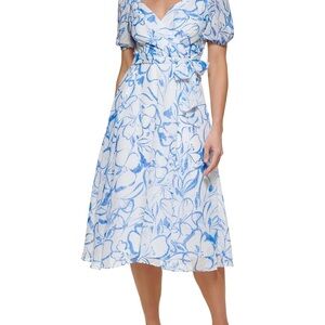 DKNY Blue and White Floral Midi Dress